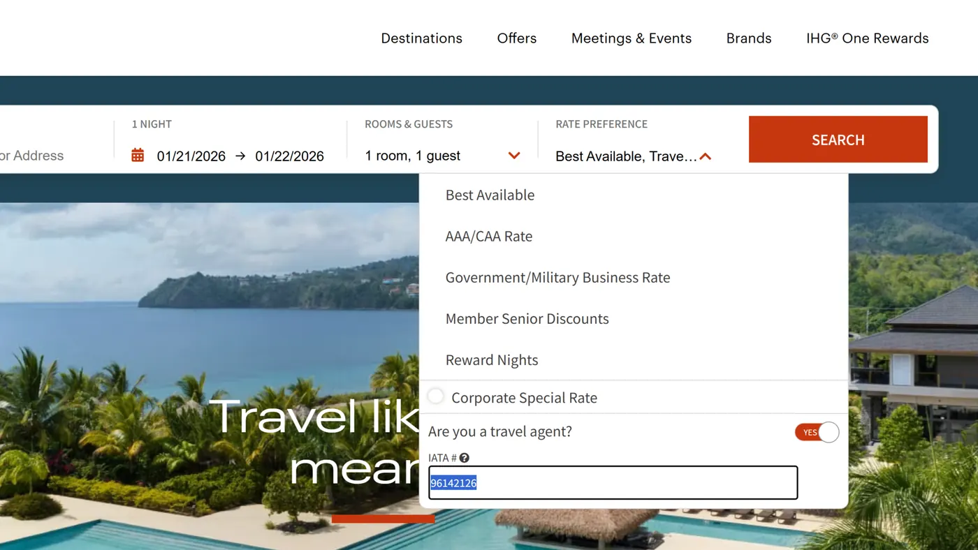 洲際飯店集團 — 訪問 IHG 官網並設定 IATA 代碼